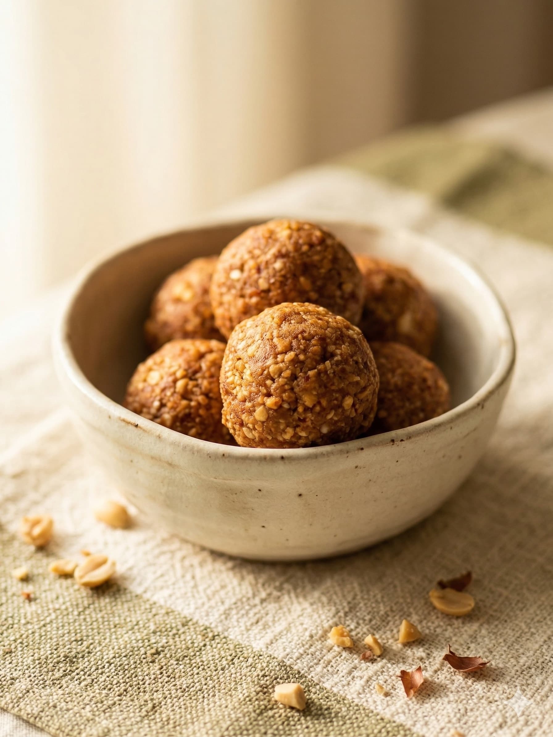 Peanut jaggery bites piled in a handmade ceramic bowl