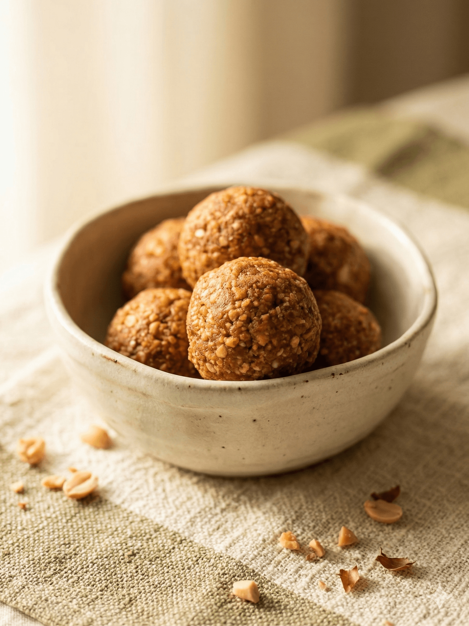 Peanut jaggery laddus in a handmade ceramic bowl