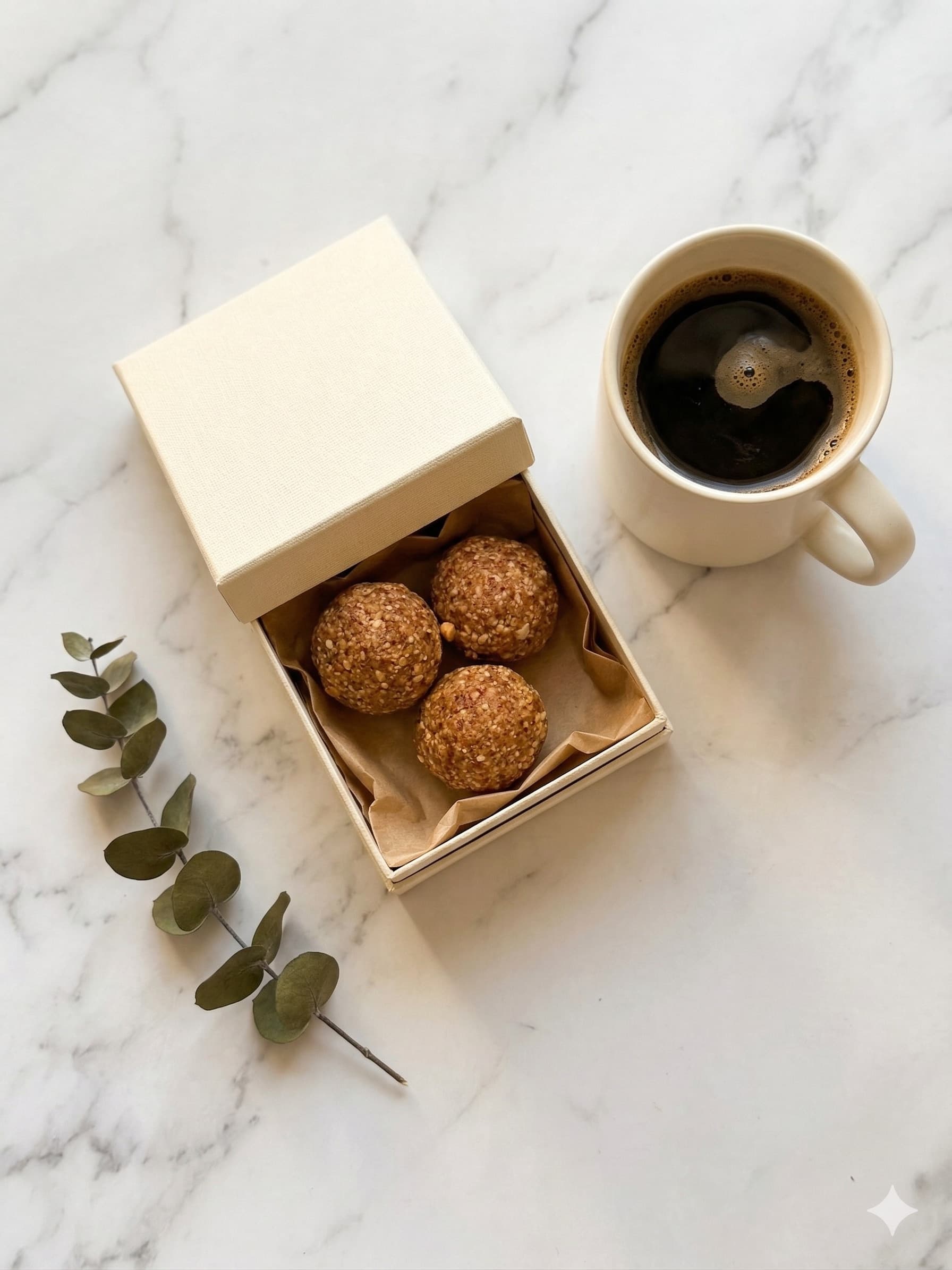 Three nimnim bites in a cream gift box beside a cup of black coffee